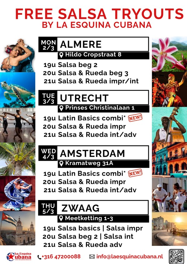 Free Tryouts Salsa Cubana & Rueda, Dansschool La Esquina Cubana te Amsterdam - Utrecht - Almere - Zwaag Free Tryouts Salsa Cubana & Rueda: Dansschool La Esquina Cubana te Amsterdam - Utrecht - Almere - Zwaag