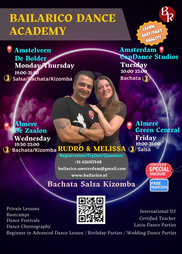 Tuesday Bachata (Sensual/Dominican/Moderna) Proef-les, Bailarico Dance Academy te Amsterdam Tuesday Bachata (Sensual/Dominican/Moderna) Proef-les: Bailarico Dance Academy te Amsterdam