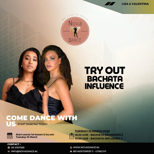Proefles & 1e les: Bachata Beginners 2 & Bachata Influence 2, Nova Dance Utrecht te Utrecht Proefles & 1e les: Bachata Beginners 2 & Bachata Influence 2: Nova Dance Utrecht te Utrecht