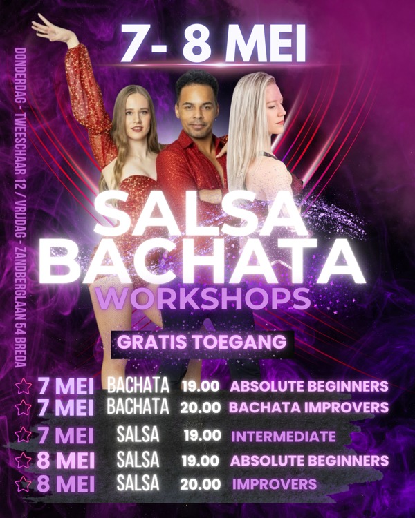 Proeflessen in Breda Salsa en Bachata verschillende niveaus 7 en 8 mei toegang gratis. Bekijk het programma, Total Dance Breda te Breda Proeflessen in Breda Salsa en Bachata verschillende niveaus 7 en 8 mei toegang gratis. Bekijk het programma: Total Dance Breda te Breda