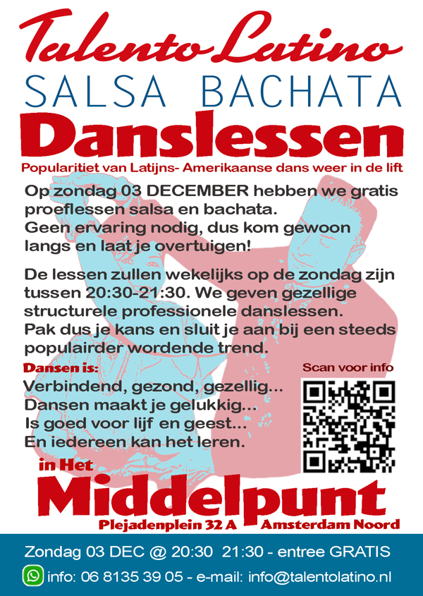Salsa / bachata cursussen vanaf 03 december Amsterdam Noord: Dansschool Talento Latino te Amsterdam
